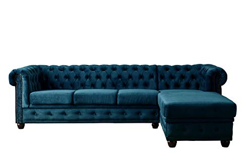 Lisa Design - Canapé Chesterfield d'angle Droit - William en Velours - Sofa Bleu Canard 4 Places - Salon Chesterfield