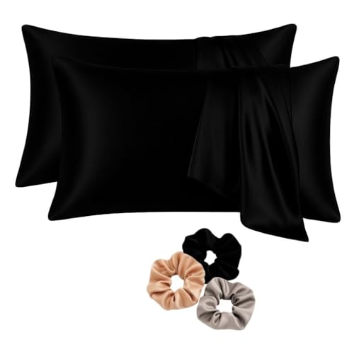 Image of Satin Pillow Covers Set of 2 with 3 Free Random Color Hair Scrunchies - Anti-Frizz, Skin-Friendly, Soft & Durable Pillowcase Set for All Hair Types (Black)