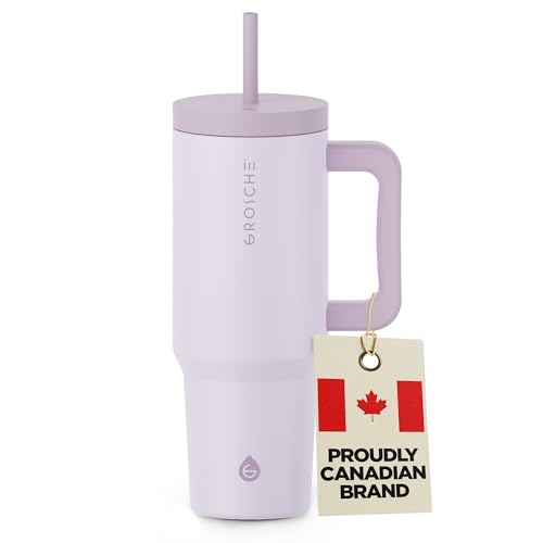 GROSCHE Aspen 40 oz Tumbler with Handle Lid and Straw - Extreme Insulation, Aesthetic Stainless Steel Cup Tumblers, Vacuum Insulated for Iced Water, Canadian Owned! - 40 fl. oz, Lavender