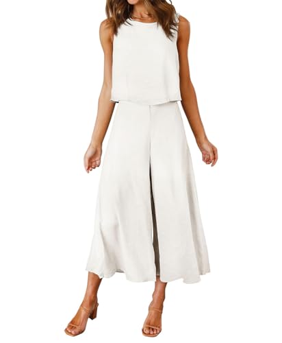 FANCYINN Damen Lang Jumpsuit Sommer 2-Teiliges Overall Elegant Hosenanzug Ärmellos Rundhals Tanktop Gekürzte Bein Romper Weißer Schweizer Punkt L FANCYINN Damen Lang Jumpsuit Sommer 2-Teiliges Overall Elegant Hosenanzug Ärmellos Rundhals Tanktop Gekürzte Bein Romper Weißer Schweizer Punkt L