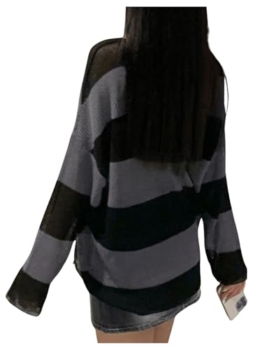 Gorglitter Women'S Oversized Striped Sheer Sweater Long Sleeve Batwing Crewneck Loose Knit Top 2024 Fall Trendy Black And Grey Large thumb #1