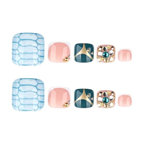 Image of Marble Press on Toenails Short Square Fake Toe Nails with Rhinestone Design Glossy Full Cover White French Tip Stick on Toenails for Women 24Pcs