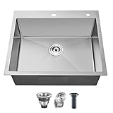 25 * 22 Inch Topmount Single Bowl Kitchen Sink, POPFLY Drop in Stainless Steel Sink,18 Gauge Overmount Handmade Outside Sink for Kitchen, Brushed