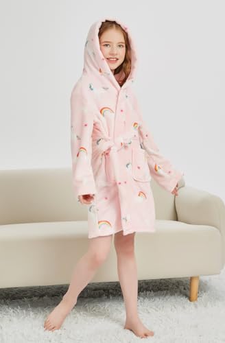 Tunoluker 20230612-6 Kids Boys Girls Flannel Hooded Bathrobe Toddler Robe Pajamas Sleepwear Pink Rainbow 4-5T thumb #5