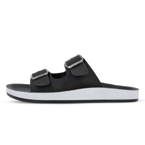 Image of WALKAROO Men's Double Buckle Slide Sandals with Adjustable Straps, Textured Linx Design, Soft Cushion Footbed, Lightweight PU Sole, Daily Wear Sandals- WE1333 Linx Black