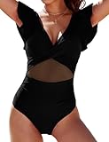 Buauty Womens Slimming One Piece Swimsuits Tummy Control Bathing Suits V Neck Ruffle Sleeve Mesh Swimsuit Full Coverage Swimwear for Women 2025 Black