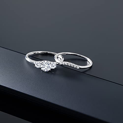 Gem Stone King 10K White Gold Moissanite and White Lab Grown Diamond 3-Stone Bridal Engagement Wedding Ring Set For Women (0.74 Cttw, Round 5MM, Available in Size 5,6,7,8,9)4