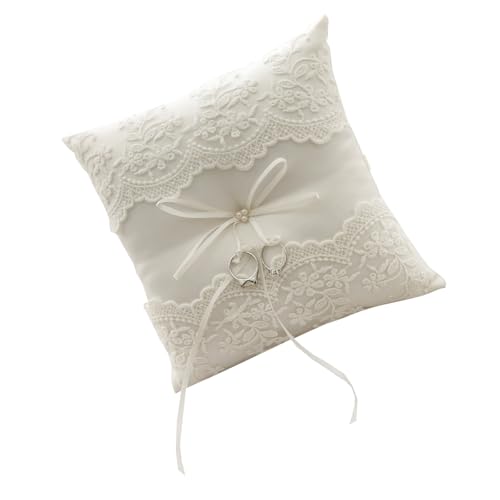 Hrtyvhin 19x19cm Cordones Blancos Anillos de Boda Almohada Novias Anillos Portadores Cojines Ceremonia de Matrimonio y Fotografía Decoración Elegante Ceremonia de Boda