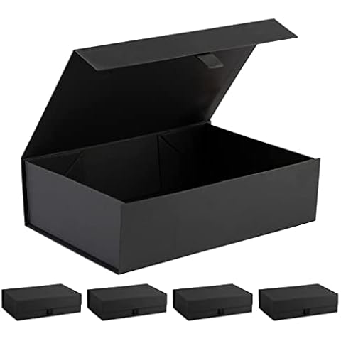 Purple Q Crafts Black Ribbed Hard Gift Box With Magnetic Closure Lid 14" x 9" x 4" Rectangle Favor Boxes With Classy Black Finish (5 Boxes) Cover