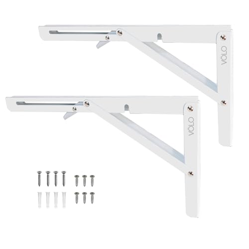 Image of VOLO Pack of 2 Pieces (1 Set ) Heavy Duty Folding Bracket | 150 Kg Load Capacity | Foldable Wall Shelf Bracket | Fold Down Table and Wall Bracket with Fittings | (Mild Steel | White, 12 Inch (300mm))