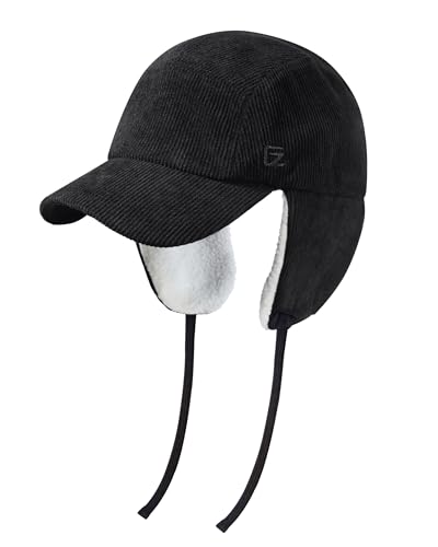 GADIEMKENSD Cappello Trapper Invernale Cappello Aviatore Antivento e Termico più Caldo Cappello da Baseball in Velluto a Coste con Paraorecchie e Cinturino per Il Mento Adatto per Sciare, Nero