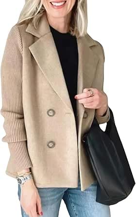 CHARTOU - CHARTOU Women's Cropped Wool Blend Coat - Notch Lapel Double Breasted Pea Coat Knit Sweater Blazer (Khaki, Small) - Best Deal on Amazon