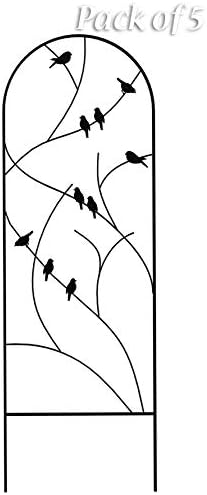 Panacea Perching Birds Metal Trellises – Pack of 5, Black Steel Garden Trellises with Bird Accents & Arch Top – 72" Tall Decorative Plant Supports for Vines, Flowers & Vertical Outdoor Gardening