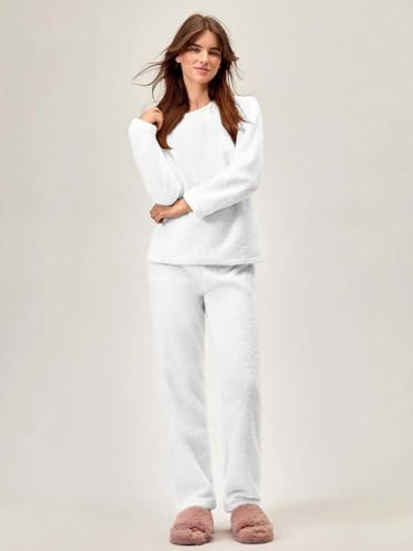 Image of KOTTY Girls White Winter Set Warm Fleece Cozy Full Sleeve Top and Pant Set