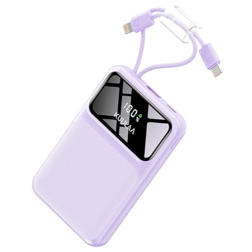 Kuulaa 10000mAh Portable Charger with Built-in USB-C & Lightning Cables, Slim Travel Power Bank with LED Display, 22.5W Fast Charging for iPhone 17/16/15/14/13/12 Android, Purple
