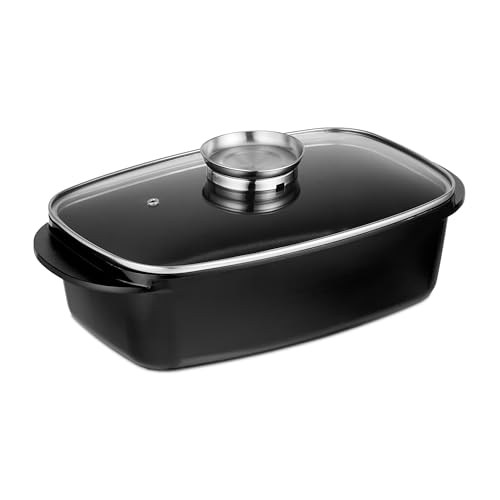Relaxdays braadslede met deksel, ovenschaal, aluminium en glas, geschikt voor elektrische kookplaat, universeel, zwart