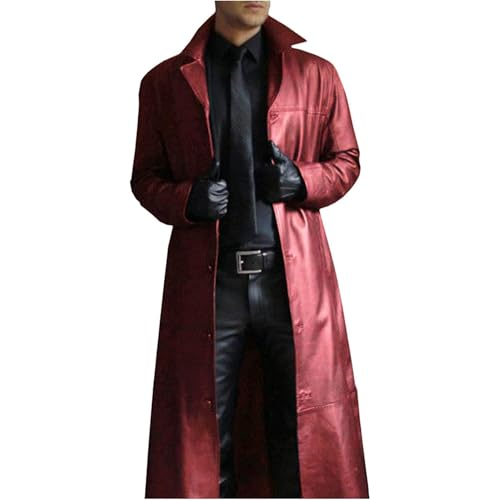 Maiyifu-GJ Mens Retro Faux Leather Trench Coat Full Length Steampunk Long Overcoat Vintage Open Front Cardigan Jacket, Wine, Large