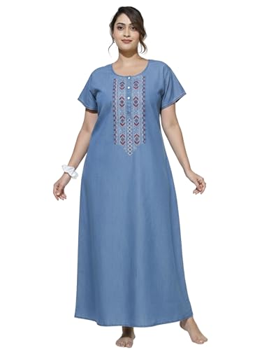 Image of 9shines Label Stylish Denim Cotton Nighty Maxi for Women | Full Length Trendy Nightgown | Premium Nightdress | Nightwear | Embroidery Nighty with Pocket (9SDS)