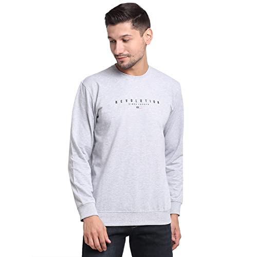Image of Cantabil Men Grey Cotton Blend Round Neck Full Sleeve Printed T-Shirt (MTSH00026-GREY Melange)
