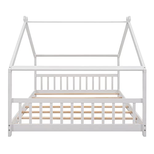 Full House Beds White Montessori Bed Wood Frame Kids Platform Bed With Headboard & Footboard For Children Boys Girls Teens #TOP5