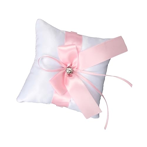 HOMOCONO Square Ring Pillow Pink Knot Pillow for Wedding Ceremony Fashion Ring Cushion Holder Wedding Decoration 14x14cm
