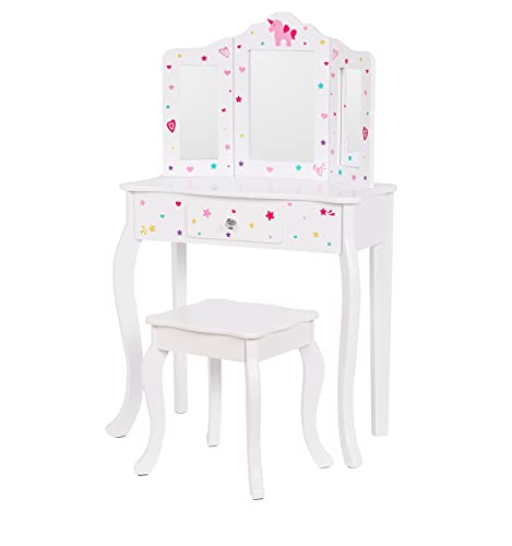 Utex Pretend Play Kids Vanity Table And Chair Vanity Set With Mirror Makeup Dressing Table With Drawer，Play Vanity Set,White #TOP6