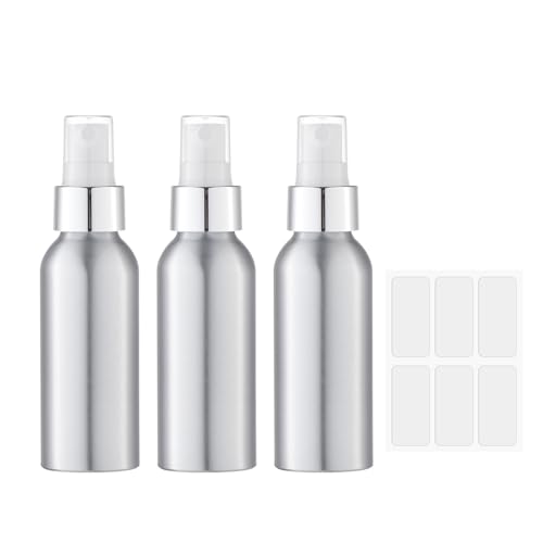LISAPACK Small Spray Bottle for Travel - 3.4 oz Fine Mist Aluminium Empty Sprayer for Perfume - Mini Size Atomizer for Essential Oil - Face Mister for Liquid Cosmetic TSA Approved 3 Pack