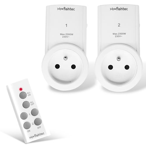 FISHTEC Lot de 2 Prises Télécommandées – Contrôle à Distance Avec Télécommande, Utilisation Facile, Protection Enfants, Contrôle Individuel ou Global Des Prises, Portée de 30m – Blanc