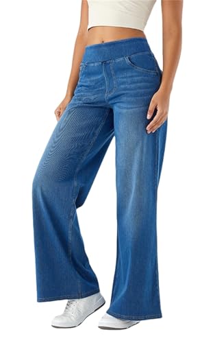 Womens Elastic Waist Jeans, Womens Straight Leg Sweatpants, High Waisted Stretchy Pull On Wide Leg Denim Pants with Pockets