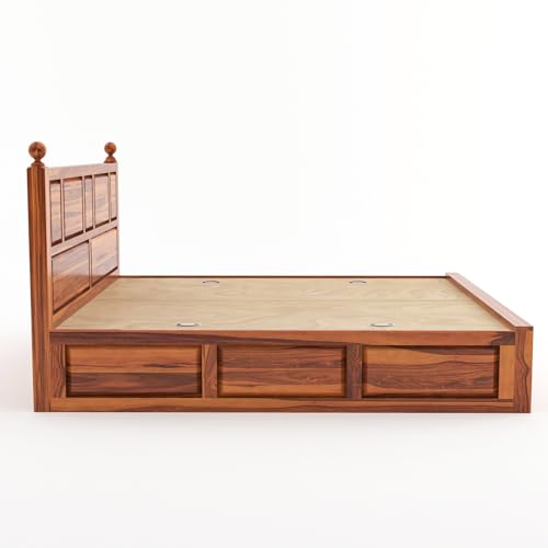 Image of Sheesham Wood Queen Size Bed with Storage Box | Wooden Box Bed Queen Size Double Cot Bed with Storage for Bedroom | Premium Lattu Design Headboard Bed for Living Room | Honey Finish