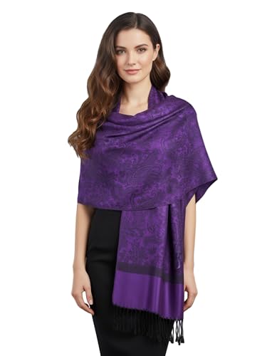 PASKMLNA Paisley Jacquard Pashmina Shawl Wrap Scarf Stole, Purple Black, L