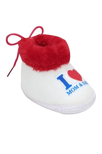 Image of PureSole Baby Booties for Boys & Girls – Soft Plush Warm Indoor Crib Shoes with 'I Love Mom & Dad' Print – Non-Slip Sole – Infant First Walkers (6–12 Months) WHITE/RED