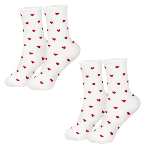OIXYEY 2 Pares Calcetines Deportivo Calcetine, Calcetines Para Mujer, Algodón Transpirables Calcetiness Con Patrón De Corazón Running Calcetine, Para Niña Deporte Trabajo (Blanco)