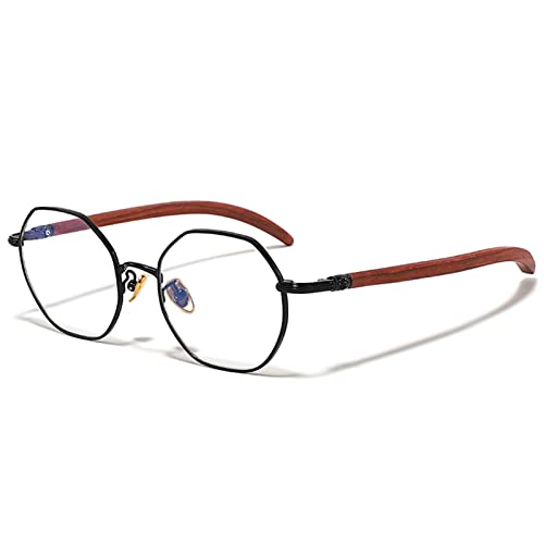 Occhiali da lettura in titanio poligonale retrò ed eleganti per uomo e donna, lettori di computer con blocco della luce blu con braccio in legno (Colore : Nero, Dimensioni : 2.75x)