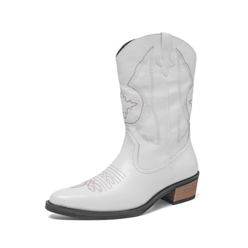 CHUUMEE Mens Cowboy Boots Pointed Toe Classic Fashion Embroidery Western Boot for Male Slip Resistant Durable (White 8.5)