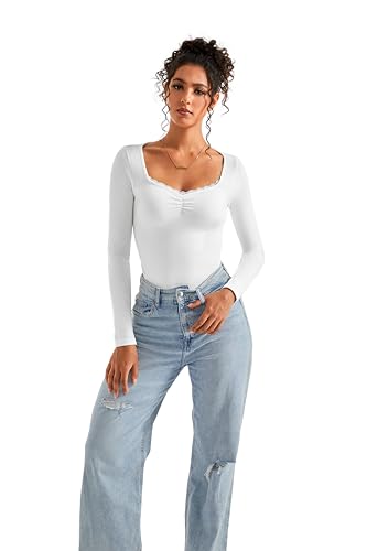 Image of SUUKSESS Women Sweetheart V Neck Long Sleeve Tops Lace Trim Ribbed Modal Fall Going Out Shirts