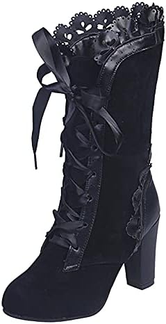 Gyouanime Women Goth Boots Black Sweet Bow Mid Calf Boots Mid Heels Lace Up Studded Bowknot Witch Boot Victorian Boots Medieval Steampunk