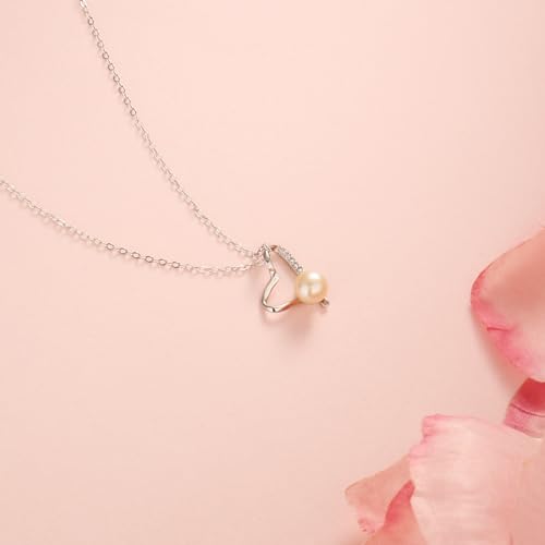 Sterling Silver Pearl Necklaces for Women, Gold/Silver Heart Necklaces for Girls, 10 13 16 21 30 40 50 60 Years old Birthday Wedding Jewelry Gifts, Single Pearl Simple Tiny Small Faux Pearl Necklaces2
