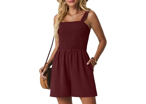 Lepunuo Smocked Rompers for Women Plus Size Summer Casual Jumpers Boho Short Jumpsuits Overalls with Pockets Vacation