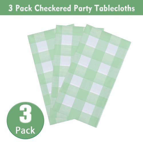 Image of Kesfey 3 Packs Sage Green Gingham Tablecloth Sage Green and White Checkered Table Cloths 54 x 108 Inches Disposable Plastic Gingham Tablecovers Waterproof Picnic Camping Table Covers for Baby Shower