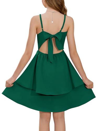 Haloumoning Girls Tie Back Dress Kids Spaghetti Strap Layered Ruffle Summer A-line Sundress 5-14 Years Dark Green