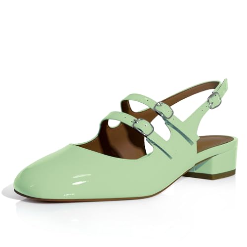 Image of anteikira Women's Round Toe Slingback Flats Closed Toe Double Strap Mary Jane Flats for Women 1 Inch Heel Dress Shoes Low Heel Causal Work Office Pumps for Women Size 5.5-12US