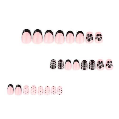 Image of Black Press on Nails Polka Dots Fake Nails Short Almond False Nail with Alligator Print Design Flower Glue on Nails Artificial Acrylic Glossy Full Cover Stick on Nail for Women Manicure 24Pcs