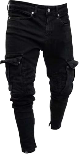 Men's Slim Fit Stretch Jeans Distressed Multi-Pockets Cargo Denim Pants Fashion Ripped Skinny Jeans for Men (Black-4,3X-Large)