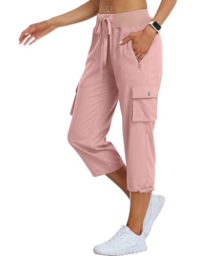 MoFiz Women's Cargo Capris Hiking Pants Lightweight Quick Dry Outdoor Athletic Travel Casual Loose Comfy Cute Zipper Pockets Dusty Pink XL