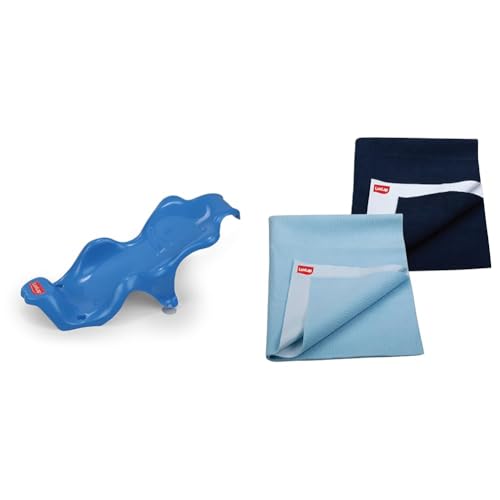 LuvLap Anti Slip Baby Plastic Bath Chair, Baby Bath Seat/Sling with Non Slip Strong Suction Base(Blue) & Instadry Anti-Piling Fleece Extra Absorbent Quick Dry Sheet, Pack of 2, Sky Blue & Navy Blue