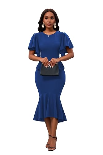 Image of Womens Summer Ruffle Short Sleeve Fishtail Dress Evening Cocktail Formal Peplum Midi Mermaid Dresses Elegant