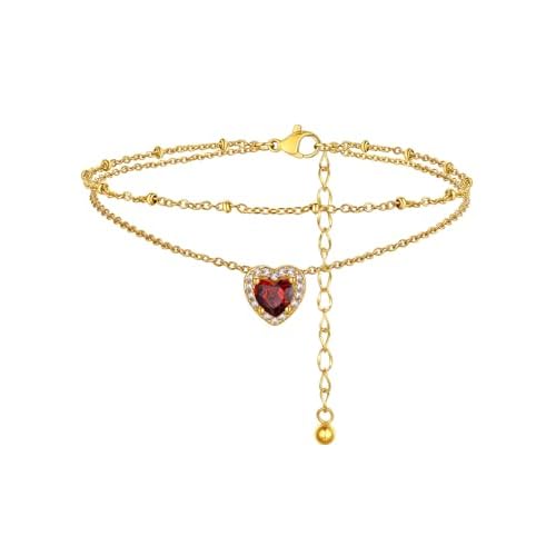 FindChic Bling Heart Birthstone Anklets Layered Beaded Ankle Bracelets for Women Gold/Black/Silver 12 Month Gem Colors Foot Chain Summer Jewelry for G