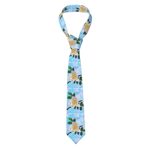 YOFIEN Corbatas de poliéster para hombre, corbatas finas con diseño de flores blancas, acuarela, flores espinosas y cielo