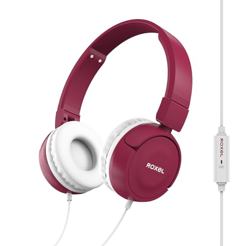 Roxel RX110 Lightweight Wired Foldable Headphones with Mic & Volume Control, On-Ear Headphones, Ergonomic Design, Answer Incoming Calls, Compatible with Android and IOS Devices (Cherry Red)